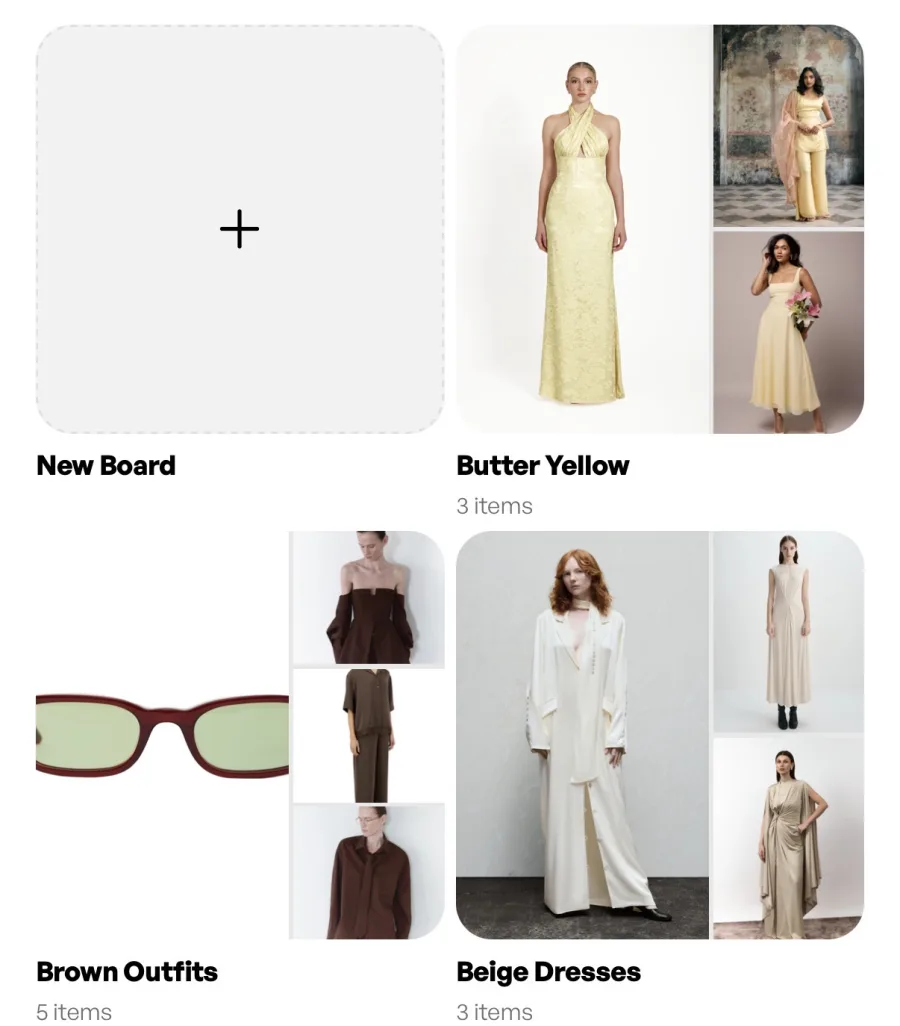 DECRU style boards — a grid of boards, each a collage of pinned pieces