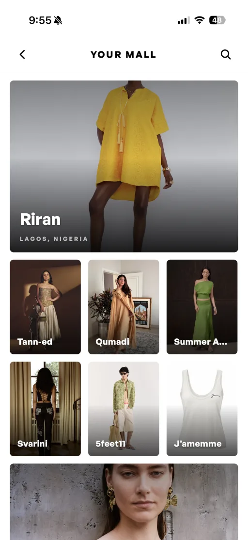 DECRU app — your mall, a saved grid of brands (blurred preview)
